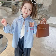 Bebeniz 女童可愛小熊單口袋長袖襯衫