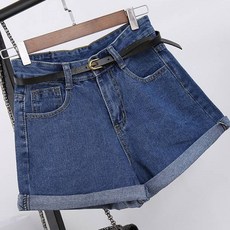 Elsso 女款夏季日常反摺腰帶丹寧短褲