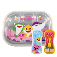 aizoum 兒童小鯊魚簡約不鏽鋼午餐盒 + 碰碰狐 3D 匙叉盒套裝, 飯盒+勺子+叉子+箱子, 混色, 1組