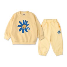 VENHIT 青少年款微笑花圖案棉質雙面布大學T慢跑長褲組