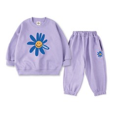 VENHIT 青少年款微笑花圖案棉質雙面布大學T慢跑長褲組