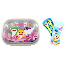 aizoum Baby Shark 簡約不鏽鋼便當 + 3D 湯匙叉盒套裝, 混色, 1組, 便當+湯匙+叉子+盒子