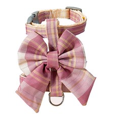 金汪喵 貓咪格紋蝴蝶結胸背帶 + 牽繩套組, 粉紅格紋, 1套