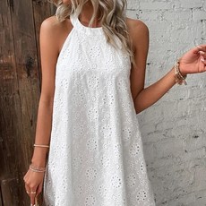 Elsso 鏤空花卉繞頸透氣迷你連身裙, 白色