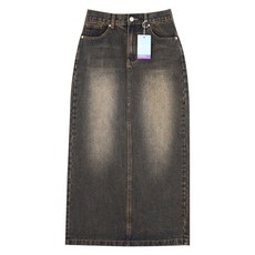 Planday 女款無彈性後鬆緊帶開衩牛仔中長裙 短版