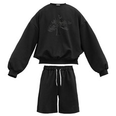 이지스튜디오 W 스트롱코튼 트리실루엣 벌룬핏 맨투맨 + 오버핏 반바지 트레이닝 세트