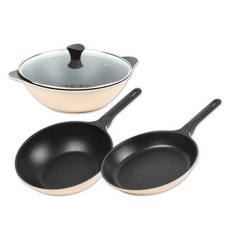 Kitchen-Art IH電磁爐適用現代鍋具4件組, 平底鍋 28 cm +炒鍋 28 cm+雙耳炒鍋 28 cm+玻璃鍋蓋 28 cm, 米色, 1組