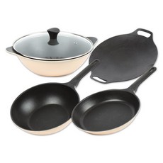 Kitchen-Art IH電磁爐適用現代鍋具5件組, 燒烤盤 30 cm+平底鍋 28 cm+炒鍋 28 cm+雙耳炒鍋 28 cm+玻璃鍋蓋 28 cm, 米色, 1組