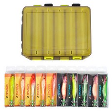 Nolbu釣魚 魷魚假餌收納盒 10格釣具盒 + K釣魚 鬍鬚夜光路亞魷魚假餌套組, 隨機出貨, 1套
