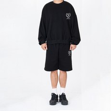 오에타 OA미니로고 더블 프리미엄 코튼 오버핏 맨투맨 + 와이드 반바지 세트