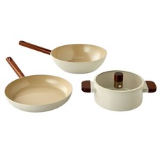 Modern House 電磁爐適用木質握把陶瓷不沾鍋具組, 雙耳鍋 20cm+平底鍋 28cm+炒鍋 28cm, 混色, 1組