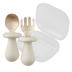 Firgi 蘑菇防餵食湯匙叉子+專用盒組, 象牙白, 1套