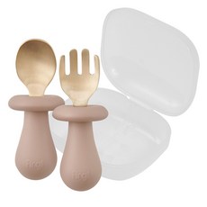 Firgi 蘑菇防餵食湯匙叉子+專用盒組, 暖棕褐色, 1套