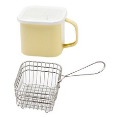 電磁爐用方形琺瑯儲物罐 奶油黃 1.45L + 琺瑯油炸網 銀色 套裝, 1套, 罐(直徑14.5cm),煎網(10.3cm)