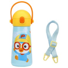 LiLFANT 小企鹅啵樂樂不鏽鋼按鍵式肩帶吸管水瓶, 460ml, 1個, 混色