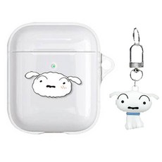 짱구는 못말려 친구들 에어팟 1 / 2세대 투명 일체형 케이스 + 실리콘 키링 세트, 흰둥이(케이스), 랜덤발송(키링)
