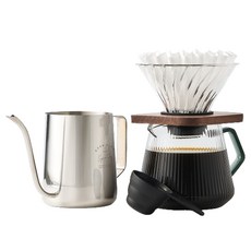 BEANPLUS 必備一體成型家用咖啡廳滴水壺銀色600ml+玻璃滴頭透明胡桃木+服務器600ml+濾紙10p+湯匙套裝, 1套, 濾杯 + 分享壺 + 600ml手沖壺 + 濾紙 (10入) + 量匙