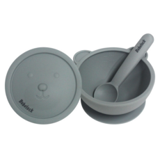 Bebelock 小熊造型餐具組 灰色, 1組, 藍灰色, 吸盤式矽膠餐碗*1個+湯匙*1支