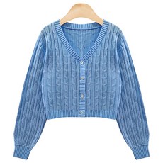 針織女款棉質麻花泡泡袖短版無領開襟衫