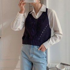 뜨개진 여성용 꽈배기 펀칭 스카시 니트 아케린 베스트
