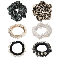 SOOSDA 髮圈 豹紋大腸圈 2款 + 珍珠大腸圈 2款 + 蕾絲珍珠大腸圈 2款 套組