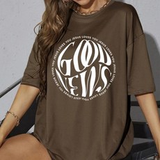 구디프 여성용 유러피안 굿뉴스 프린팅 라운드 루즈핏 반팔 티셔츠