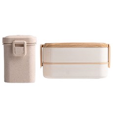 不鏽鋼2層便當盒+吸管保溫瓶便當組 600ml, 1個, 白色, 奶油色