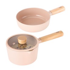 nEOFLam IH爐適用Fika Objet系列韓國產鋁鑄鍋具2件組, 1組, 牛奶鍋 16cm+小炒鍋 18cm, 蜜桃粉
