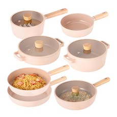 nEOFLam IH爐適用Fika Objet系列韓國產鋁鑄鍋具7件組, 單柄鍋 18cm+砂鍋 22cm+雙耳鍋 22cm+小炒鍋 18cm+平底鍋 24cm+平底鍋 28cm+深炒鍋 26cm, 1組, 蜜桃粉