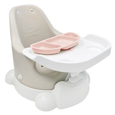 jellymom 幼兒用Muna增高椅+托盤+附輪子底座+吸附式餐盤組, 奶油灰(椅子）、淡粉紅色(盤子）