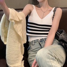 비비에모 여성용 브이넥 스트라이프 민소매 니트 06612
