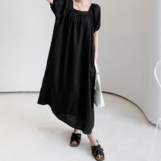 ATTERLIC 大尺碼休閒方領長洋裝, 黑色