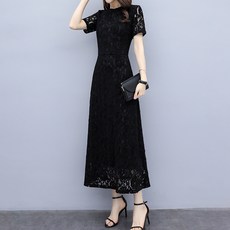 ATTERLIC 短袖花朵透膚長版洋裝 13924 含大尺碼, 黑色