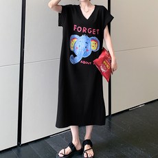 메이첼 브이넥 코끼리 프린팅 롱 원피스 13001 빅사이즈 포함