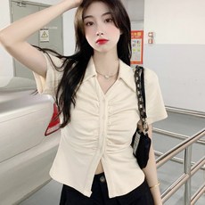 Elsso 女款翻領抓皺設計短袖T恤