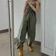 비비에모 오프숄더 스트랩 카고 와이드 점프수트 06585