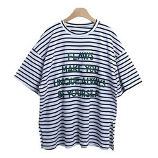 린다샵 여성용 므로니 라운드넥 단가라 레터링 반팔 티셔츠 cpt14717k42