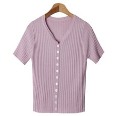 시크블랙 여성용 카히우 브이넥 단추 반팔 니트 cpnt4634k36