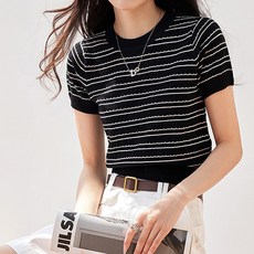 페이퍼먼츠 여성용 라운드넥 스트라이프 세미크롭 니트 반팔 티 22245