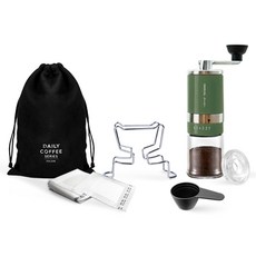 KALDIN 小巧手沖咖啡組, 濾掛包支架 + 濾掛包濾紙 + 磨豆機 橄欖綠色 + 量匙 + 專用收納袋, 1套