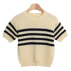 린다샵 여성용 시하러 라운드넥 스트라이프 반팔 니트 티셔츠 cpnt4588k35