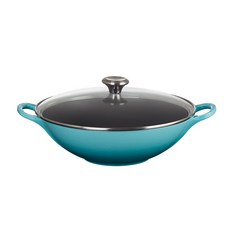 LE CREUSET Signature電磁爐炒鍋 + 玻璃鍋蓋組, 1套, 加勒比海藍, 32cm