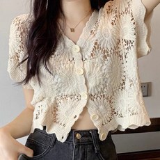 I'M MONG 女款柔軟蕾絲夏季針織短袖開襟衫