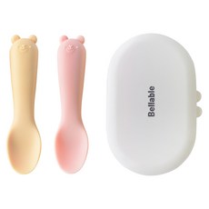 Bellable 嬰幼兒用 Gomi 自主學習湯匙 2件 + 收納盒組, 芥末黃 + 粉紅色, 1套