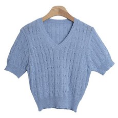 린다샵 여성용 루히엔 브이넥 꽈배기 크롭 반팔 니트 cpnt4533k34