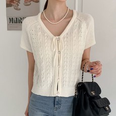 針織女款棉質蝴蝶結麻花拉克蘭短袖Orphe開襟衫