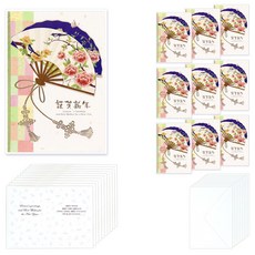 Maumdama 新年金箔高級直式花扇吊飾賀年卡 10張 + 內頁10張 + 信封10張 套組, 混合色, 1套