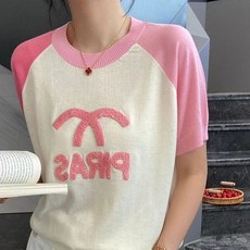 메이첼 여성용 배색 라운드 레터링 니트 반팔티 13179