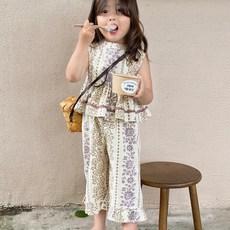 arbe 女童款印花風下擺荷葉邊無袖上衣+長褲套裝