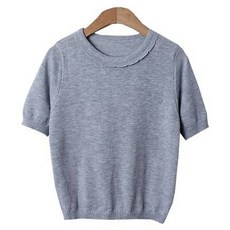 린다샵 여성용 리부트 라운드넥 웨이브 프릴 세미크롭 아방 반팔 니트 cpnt5332k43